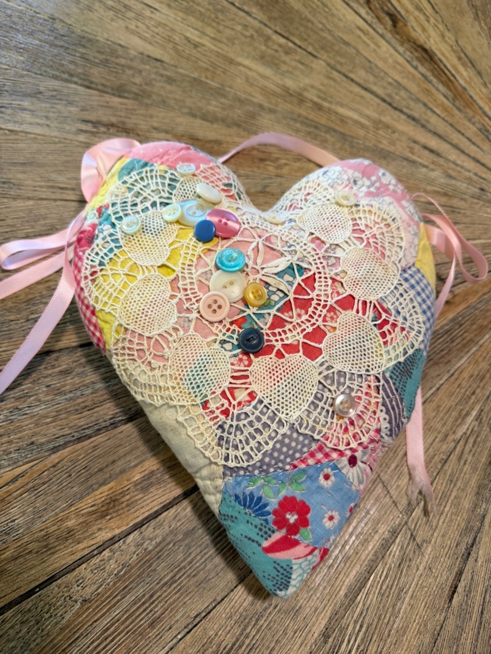 Handmade Quilt Patchwork Heart Pillow Lace Button Cottagecore Shabby Chic Decor